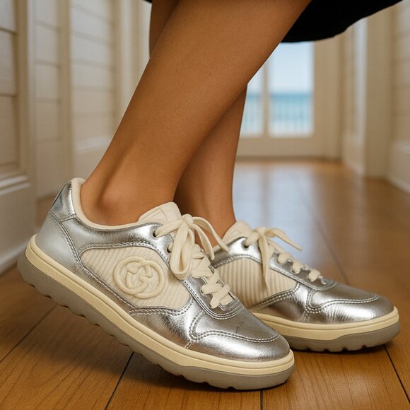 GUCCI Shoes - GUCCI Silver Metallic Women’s Low-Top Lace-up Sneakers 36